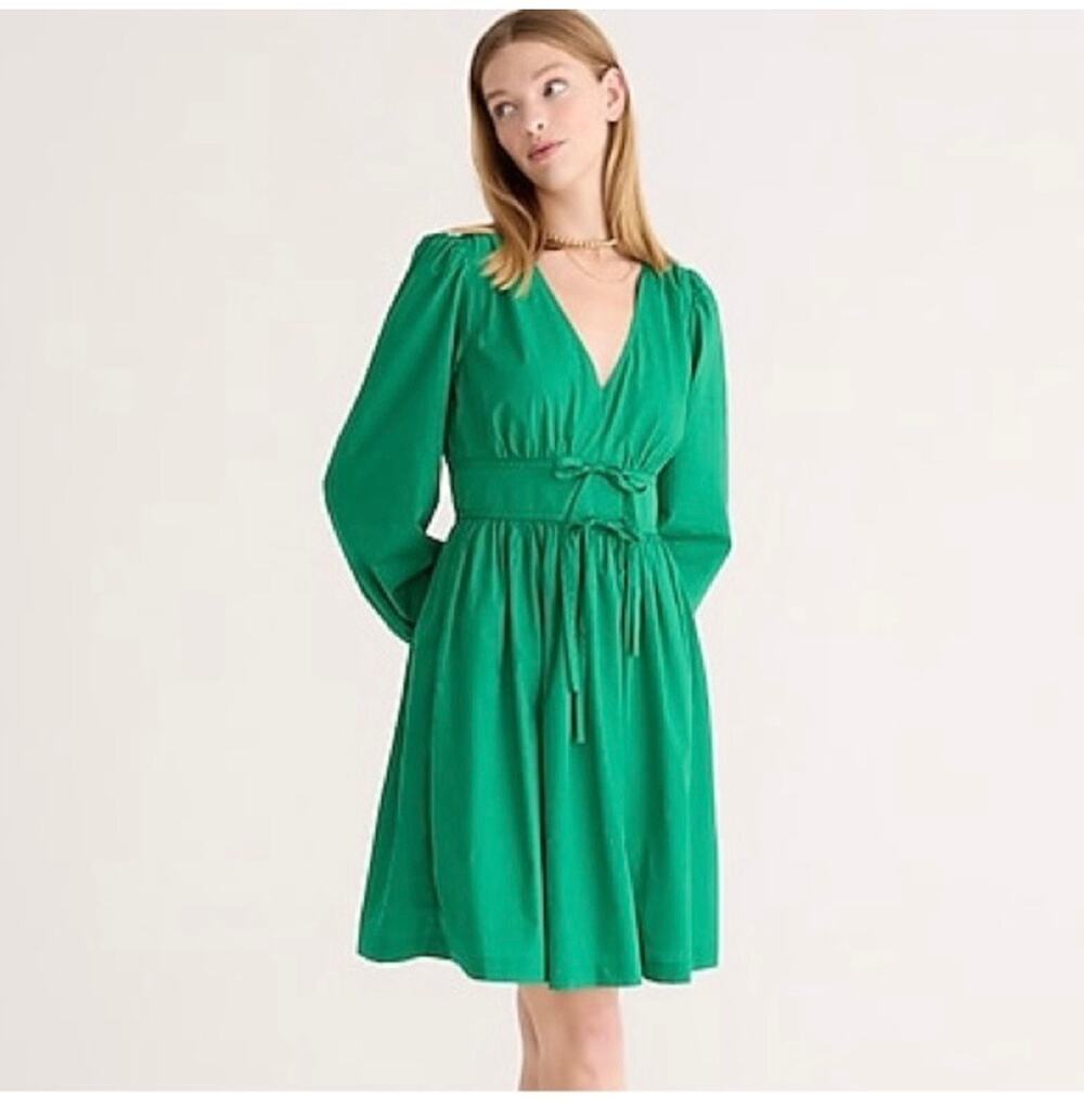 J.Crew Green V-neck Tie Waist Long Sleeve Cotton Poplin Mini Dress Size 2